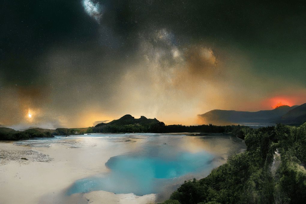 a synthetic image of a river landscape and an imaginary night sky (c by Rombach et. al. 2022)